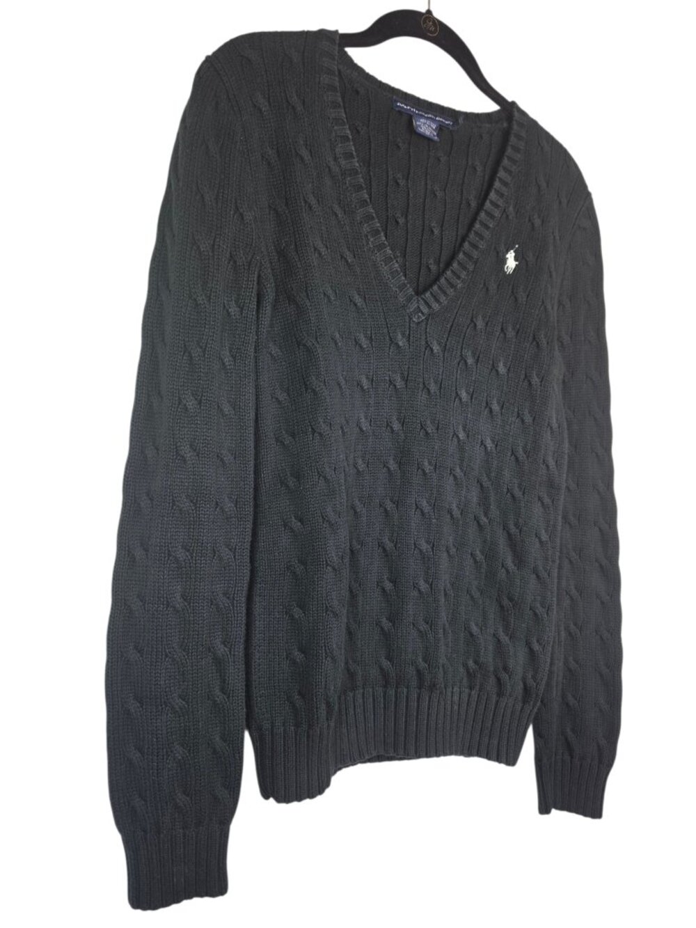 Ralph Lauren Sport Women's V-Neck Cable Knit Navy Sweater Sz M